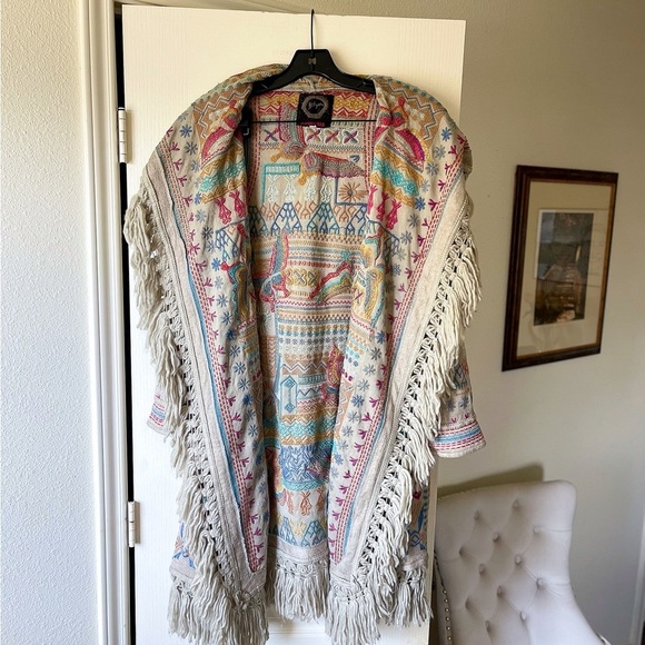 Johnny Was Cyrillus Embroidered Hooded Duster Coat Fringe Boho Truffle XS EUC - Picture 7 of 10